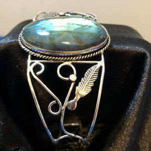 Huge Fiery Labradorite 925 Stamped Sterling Silver Plated With Adj. Bracelet.